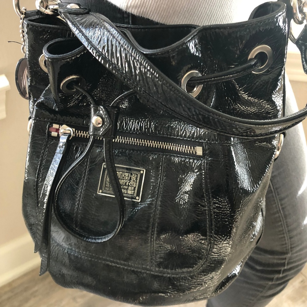 Coach Poppy Daisy Black Patent Liquid Cross-body